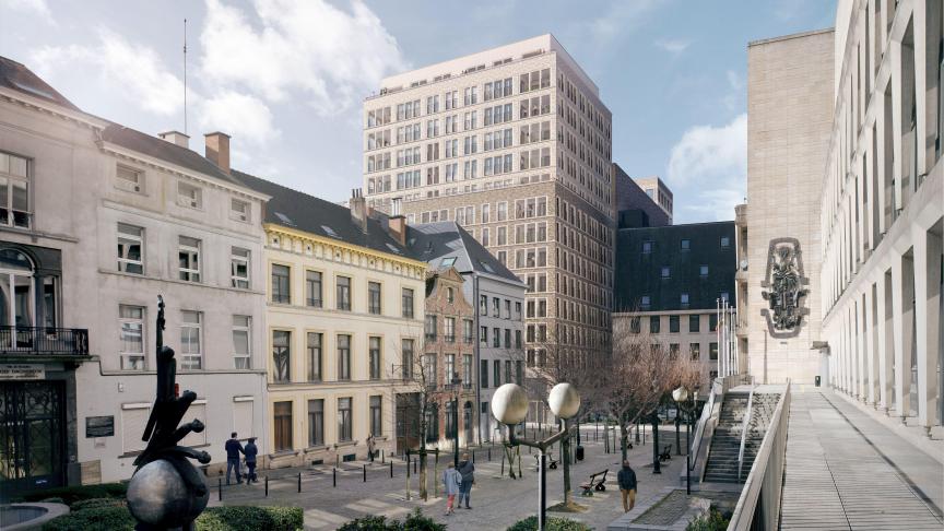 Une des vues du futur projet qu’Immobel entend mener au Sablon. Ici, la rue de Ruysbroeck avec en toile de fond une des nouvelles tours qui ne fait pas que des heureux.