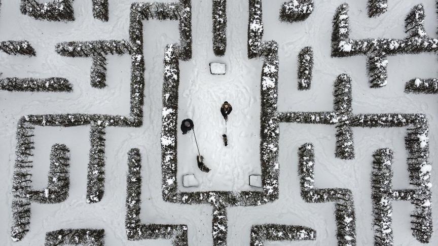 Des gens marchent avec leurs chiens dans un labyrinthe de jardin enneigé à Gelsenkirchen, en Allemagne.