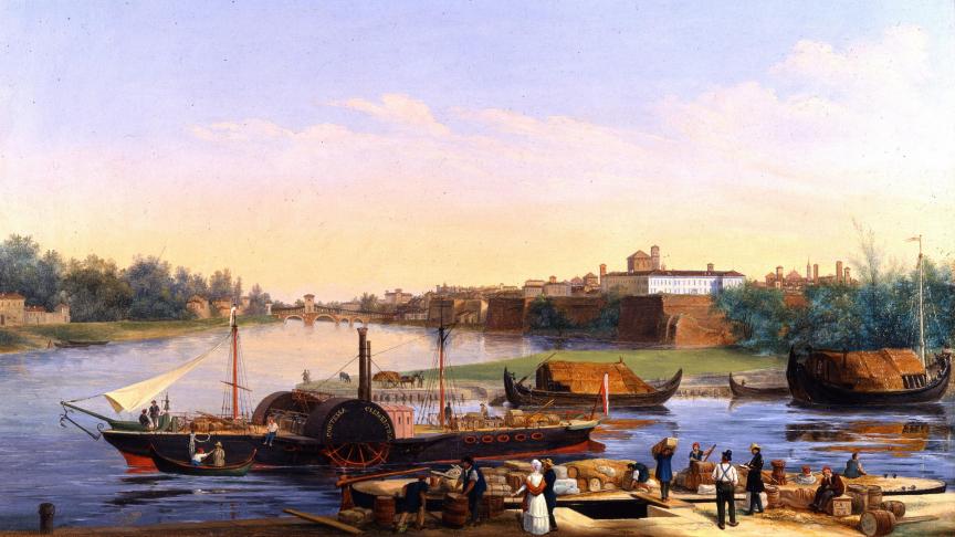 Vue du port de Pavie sur le Pô et du bateau à vapeur «Principessa Clementina». Peinture de Giacomo Trecourt (1812-1882) XIXe siècle.