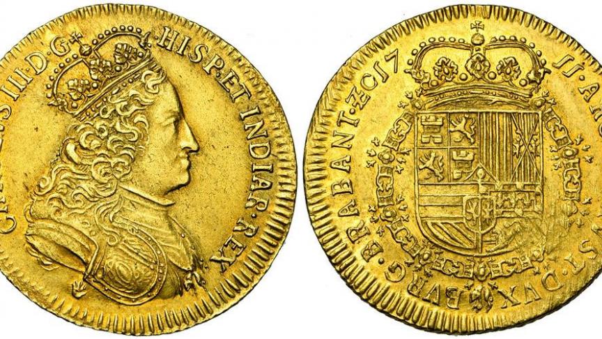 Un double souverain de Charles III, extrêmement rare (1711), estimé 40.000 euros.