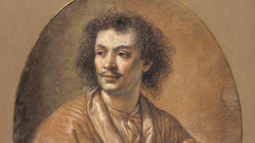 «Molière, aux trois crayons, sanguine, fusain et rehauts blancs» par Claude Lefebvre.