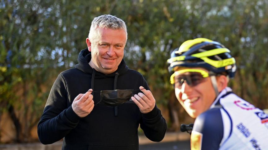 ALFAZ DEL PI, SPAIN - JANUARY 13 : Bourlart Jean-Francois Team Manager, Van Der Schueren Hilaire Sport Director pictured during a training session at the Intermarche-Wanty-Gobert Materiaux Pro Cycling Team 2022 winter training camp on January 13, 2022 in Alfaz Del Pi, Spain, 13/01/2022 ( Photo by Vincent Kalut / Photonews