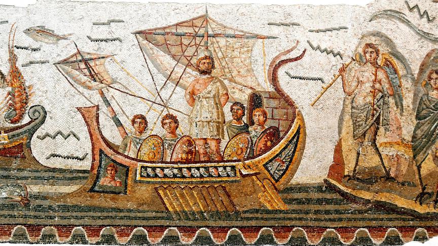 Mosaïque romaine d’Ulysse et les sirènes: datée du IIIe siècle, elle été découverte sur le site historique de Dougga (nord-ouest de la Tunisie). Elle est conservée au Musée national du Bardo.