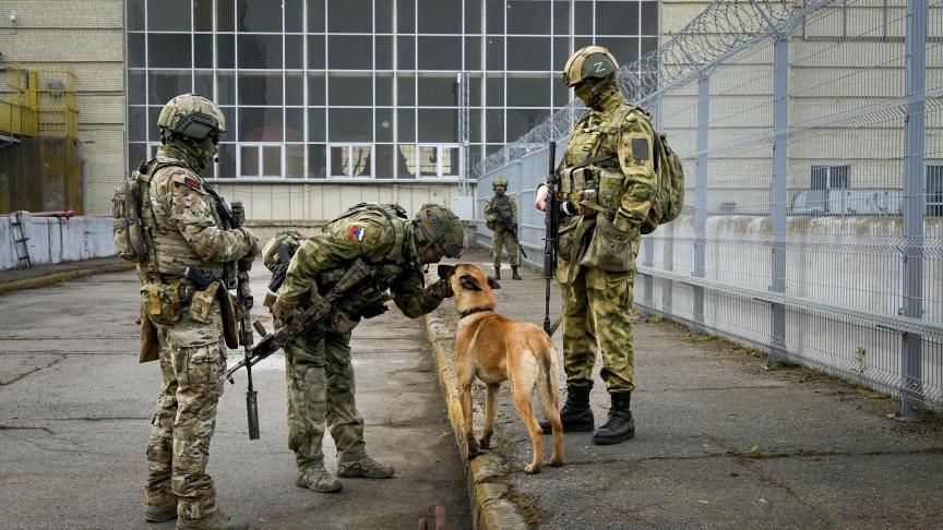 Des troupes russes caressent leur chien militaire.