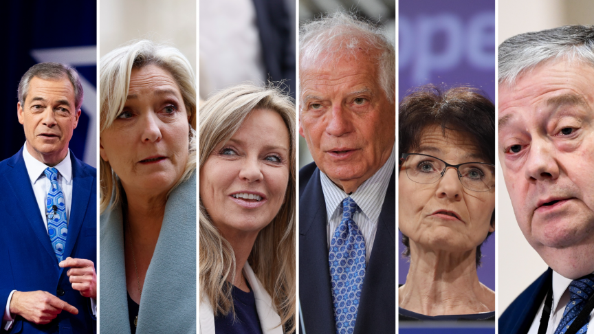 De gauche à droite, Nigel Farage, Marine Le Pen, Frédérique Ries, Josep Borrell, Marianne Thyssen et Marc Tarabella.