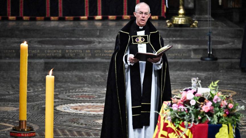 The Archbishop of Canterbury Justin Welby gives a reading at the State Funeral Service for Britain's Queen Elizabeth II, at Westminster Abbey in London on September 19, 2022. (Photo by Ben Stansall / POOL / AFP)