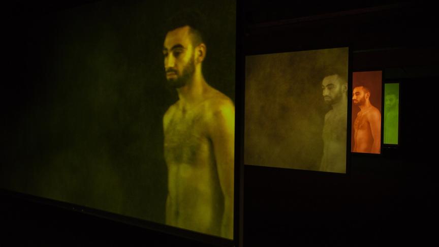 Mehdi-Georges Lahlou, vue de l’installation vidéo « Spicy (turmeric, cinammon, ginger, henna) », 2015.