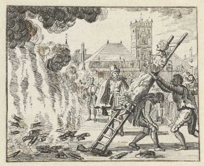 Jean Luyken (d'après), Anneken Hendriks, brûlée sur la place du Dam, 1685-1762, estampe.