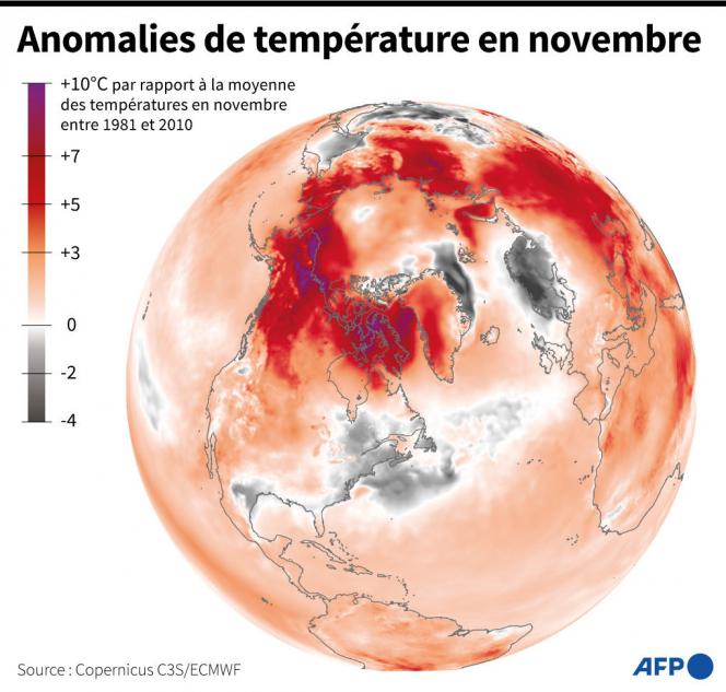 Carte du monde montrant les anomalies de température enregistrées en novembre 2023 par rapport à la moyenne des températures entre 1981 et 2010, selon l’observatoire européen Copernicus.